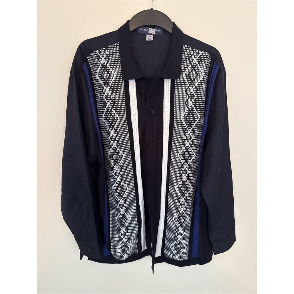 Michael Irvin 88 Sweater Mens M Blue Geometric‎ Knit Button Cardigan Retro